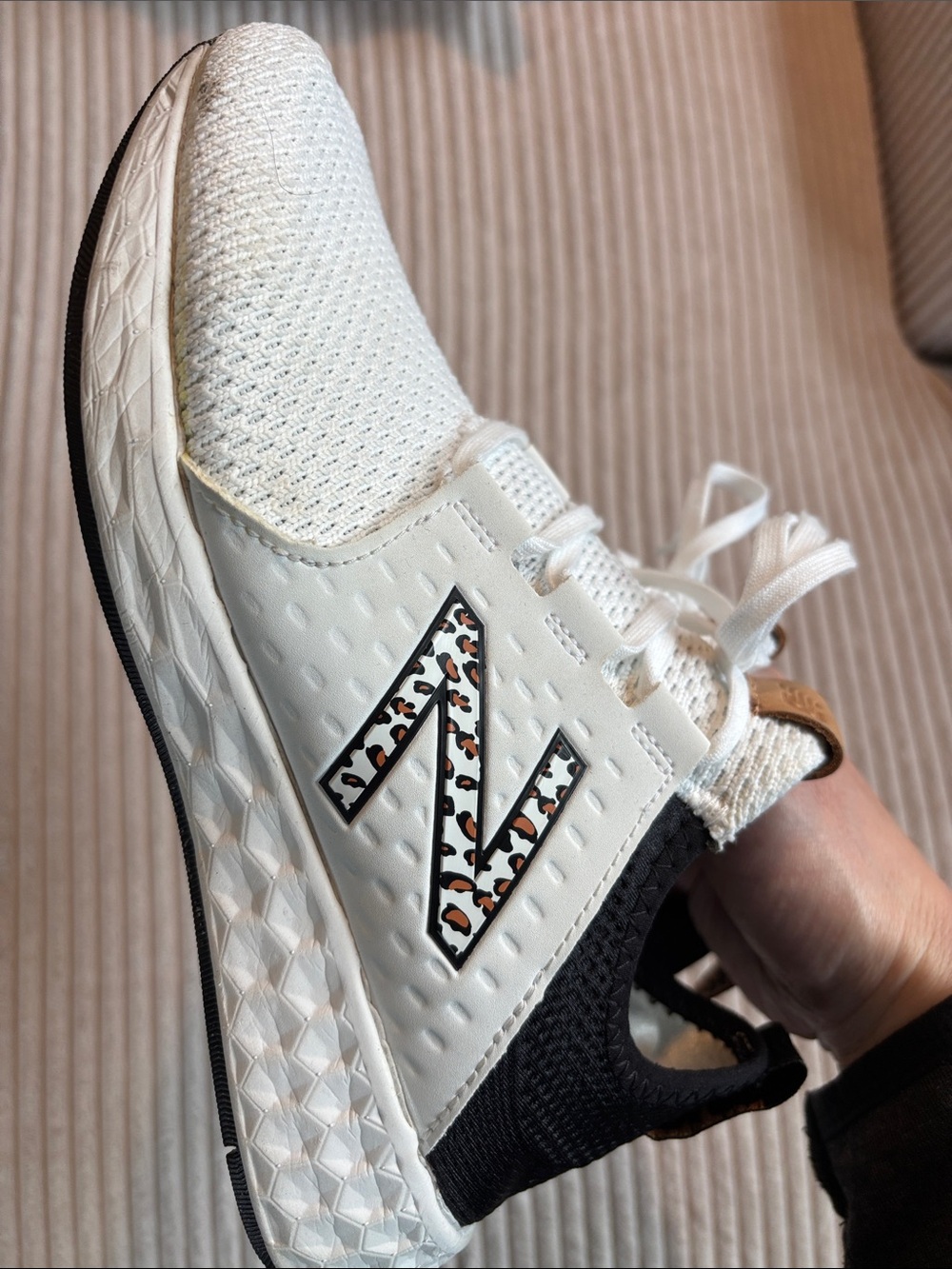 New Balance White & Black Knit Slip-On Sneakers with Leopard N Accent